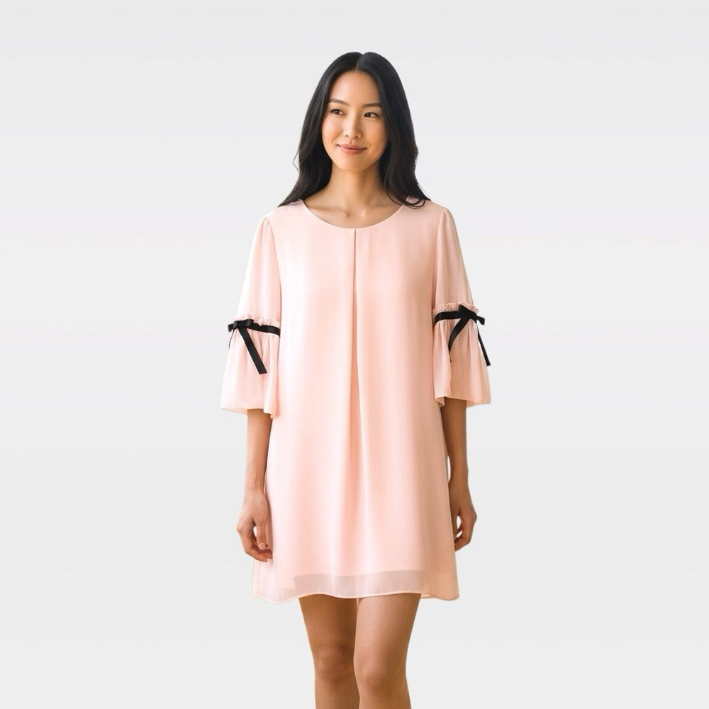 Y2K Ally B. Dainty Feminine Pink PolyChiffon Dress S Bow Bell Sleeve Fairy - Picture 6 of 10